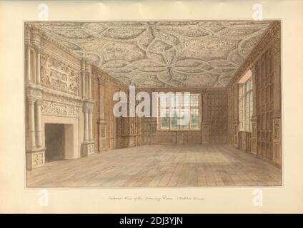 Innenansicht des Drawing Room, Stockton House, John Buckler FSA, 1770–1851, British, and John Chessell Buckler, 1793–1894, British, 1812, Aquarell und Stift und schwarze Tinte auf mäßig dickem, cremefarbenem Papier, Blatt: 14 × 19 3/4 cm (50.2 × 35.6 Zoll) und Bild: 10 3/4 × 16 1/2 Zoll (27.3 × 41.9 cm), architektonisches Motiv, Landhaus, Salon, Kamin, Jakobos, Maultiere, muntins, strapwork, Fenster, England, Europa, Vereinigtes Königreich, Wiltshire Stockfoto