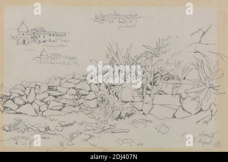 Sorrento, 2. August 1838, Edward Lear, 1812–1888, British, 1838, Graphit auf mäßig dickem, leicht strukturiertem, grünlich-grauem Gewebspapier, Blatt: 3/4 x 10 1/8 cm (6 17.1 x 25.7 Zoll), Gebäude, Kuppeln, Genresubjekt, Pflanzen, Felsen (Landformen), Studien (visuelle Werke), Kampanien, Italien, Sorrento Stockfoto