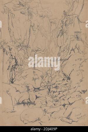 Sorrento, Edward Lear, 1812–1888, British, 1838, Graphit auf mäßig dickem, leicht strukturiertem beigefarbenem Papier, Blatt: 16 9/16 x 11 5/8 cm (29.5 x 42.1 Zoll), Felsbrocken, Brücke (Bauarbeiten), Klippen, Figur (Darstellung), Schlucht (Landform), Landschaft, Felsen (Landformen), Strukturen (Einzelbauten), Bäume, Wasser, Kampanien, Italien, Sorrento Stockfoto