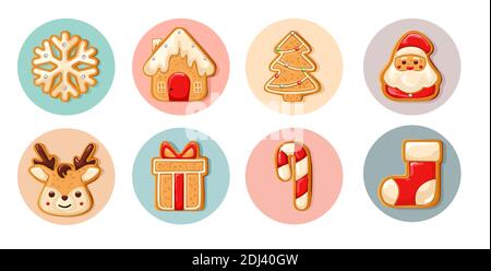 Set von niedlichen Lebkuchen für weihnachten. Weihnachtsgebäck. Kekse. Isoliert auf weißem Hintergrund. Stock Vektor