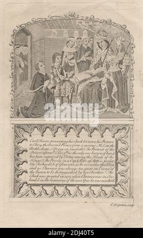 Earl Rivers präsentiert sein Buch und Caxton, seinen Drucker, Edward IV., Charles Grignion, 1717–1810, British, oder Charles Grignion, 1754–1804, British, nach unbekannter Künstler, undatiert, Radierung und Strichgravur auf mäßig dickem, leicht strukturiertem, beigefarbenem Papier, Blatt: 11 13/16 x 9 3/16 Zoll (30 x 23.3 cm), Platte: 6 15/16 x 4 5/16 Zoll (17.7 x 10.9 cm), und Bild: 6 x 3 15/16 Zoll (15.2 x 10 cm), Buch, Junge, Umhänge, Umhänge, Kronen, Dictes and Sayings of the Philosophers, 1477, Embleme, Ermine, Fell, historisches Thema, Illustration, Interieur, König (Person), Knien, Männer, Kugeln, Gleichaltrige Stockfoto