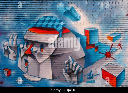 Helle, farbenfrohe Graffiti des Straßenkünstlers Ima One an den Wänden der Grey Eagle Street, Shoreditch, East London, Großbritannien Stockfoto