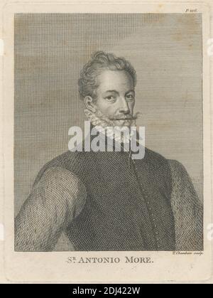Sir Antonio More, Druck von Thomas Chambars, ca. 1724–1789, britisch, nach unbekannter Künstler, undatiert, Radierung auf mäßig dickem, glattem, cremefarbenem Papier, Blatt: 11 3/4 x 3/16 cm (23.3 x 9 29.8 Zoll), Platte: 15/16 x 1/8 cm (6 17.7 x 5 13 Zoll) und Bild: 5 7/8 x 4 3/4 Zoll (15 x 12 cm), Knöpfe, Illustration, Mann, Schnurrbart, Porträt, Rüsche, feierlich, Weste Stockfoto