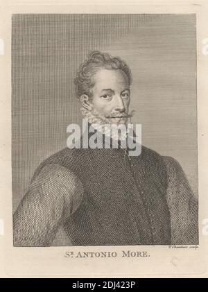 Sir Antonio More, Druck von Thomas Chambars, ca. 1724–1789, britisch, nach unbekannter Künstler, undatiert, Radierung auf mäßig dickem, glattem, cremefarbenem Papier, Blatt: 11 7/8 x 30.2 cm (22.9 x 9 Zoll), Platte: 3/4 x 1/8 cm (6 17.2 x 5 13 Zoll) und Bild: 5 7/8 x 4 3/4 Zoll (15 x 12 cm), Knöpfe, Illustration, Mann, Schnurrbart, Porträt, Posen, Rüsche, feierlich, Weste Stockfoto