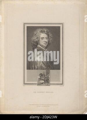 Sir Godfrey Kneller, Print Made by John Corner, 1788–1825, after Sir Godfrey Kneller, 1646–1723, deutsch, aktiv in Großbritannien (ab 1676), Published by Longman, Hurst, Rees, Orme & Brown, Active 1804–1914, British, and Baynes & Son, Active ca. 1821–1826, britisch, 1821, Strichgravur und Radierung auf mäßig dickem, leicht strukturiertem, cremefarbenem Papier mit cremefarbenem Chine-Collé, Blatt: 10 7/8 x 8 1/4 Zoll (27.6 x 20.9 cm), Platte: 10 1/2 x 7 15/16 Zoll (26.7 x 20.2 cm), Blatt: 10 1/16 x 7 3/8 Zoll (25.5 x 18.8 cm), und Bild: 5 7/8 x 3 7/8 Zoll (14.9 x 9.8 cm), Rüstung, Künstler, Mantel, Kostüm Stockfoto