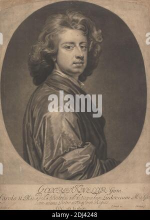 Godfrey Kneller, Print Made by Isaac Beckett, 1652/3–1719, British, after Sir Godfrey Kneller, 1646–1723, German, Active in Britain (from 1676), Published by John Smith, 1652–1743, British, 1685, Mezzotint auf mäßig dickem, leicht strukturiertem, cremefarbenen Wove Paper, laid on mäßig dickem, mäßig strukturiertem, cremefarbenem Papier, Mount: 16 7/16 x 12 3/8 Zoll (41.7 x 31.4 cm), Blatt: 14 3/16 x 10 3/16 Zoll (36 x 25.8 cm) und Bild: 12 1/16 x 9 13/16 Zoll (30.7 x 25 cm), Künstler, Mantel, Locken, Mann, oval, Maler, Porträt Stockfoto