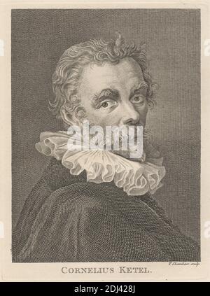 Cornelius Ketel, Druck von Thomas Chambars, ca. 1724–1789, britisch, nach unbekanntem Künstler, undatiert, Radierung und Strichgravur auf mäßig dickem, glattem, cremefarbenem Wove-Papier, Blatt: 12 3/16 x 9 3/16 Zoll (31 x 23.4 cm), Platte: 6 7/8 x 5 1/8 Zoll (17.4 x 13 cm), und Bild: 6 1/4 x 4 5/8 Zoll (15.9 x 11.8 cm), Bart, Umhang, Locken, Blick, Mann, mittleren Alters, Schnurrbart, Porträt, Rüschen Stockfoto