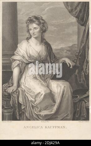 Angelica Kauffman, Druck von Pierre Audouin, 1768–1822, französisch, nach Angelica Kauffmann RA, 1741–1807, schweizerisch, in Großbritannien tätig (1766–81), und nach Jean-Baptiste Wicar, 1762–1834, französisch, undatiert, Strichgravur und Radierung auf mäßig dickem, leicht strukturiertem cremefarbenen Webepapier, Blatt: 9 5/8 x 6 5/16 Zoll (24.4 x 16 cm) und Bild: 8 1/8 x 5 15/16 Zoll (20.6 x 15.1 cm), Künstler, Gürtel, Bank, Buch, Kamee, Säulen, Vorhang, Vorhänge, Fransen, Kleid, Hügel, Landschaft, Berge, Pinsel, Palette, Stift, Säulen, Portfolio, Porträt, Bänder, Selbstporträt, Schal, Frau Stockfoto