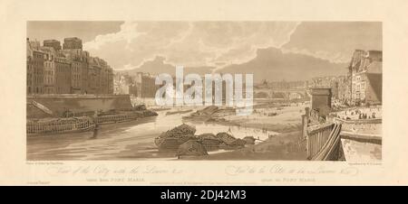 Ansicht der Stadt mit dem Louvre &c. aus Pont Marie, Thomas Girtin, 1775–1802, britisch, nach Frederick Christian Lewis der Ältere, 1779–1856, britisch, 1802, Aquatint mit weicher Radierung auf mäßig dickem, leicht strukturiertem, cremefarbenem Papier, Blatt: 18 1/4 x 26 cm (66 x 46.4 Zoll), Platte: 9 7/8 x 21 1/2 Zoll (25.1 x 54.6 cm), und Bild: 7 1/2 x 18 7/16 Zoll (19.1 x 46.8 cm), architektonisches Motiv, Lastkähne (Wasserfahrzeuge mit flachem Boden), Boote, Karren, Stadtbild, Pferde (Tiere), Menschen, Fluss, Flussufer, Cathédrale Notre-Dame de Paris, Europa, Frankreich, Musée du Louvre, Paris Stockfoto