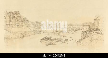 Ansicht der Stadt mit dem Louvre &c., aufgenommen von Pont Marie, Thomas Girtin, 1775–1802, britisch, nach Thomas Girtin, 1775–1802, britisch, 1802, weich geschliffene Kontur auf mäßig dickem, leicht strukturiertem, cremefarbenem Wove-Papier, Blatt: 18 1/4 x 26 cm (66 x 46.4 Zoll), Platte: 9 7/8 x 21 1/2 Zoll (25.1 x 54.6 cm), und Bild: 7 x 18 3/8 Zoll (17.8 x 46.7 cm), architektonisches Motiv, Lastkähne (Wasserfahrzeuge mit flachem Boden), Boote, Karren, Stadtbild, Pferde (Tiere), Menschen, Fluss, Flussufer, Cathédrale Notre-Dame de Paris, Europa, Frankreich, Musée du Louvre, Paris, Pont Marie, seine, Ville de Paris Stockfoto
