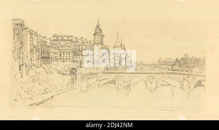 Blick auf die Pont au Change, das Stadttheater, Pont Neuf, Conciergerie Prison, &c. aus Pont Notre Dame, Thomas Girtin, 1775–1802, britisch, nach Thomas Girtin, 1775–1802, britisch, 1802, weicher Boden geätzte Umrisse auf mäßig dickem, leicht strukturiertem, cremefarbenen Wove-Papier, Blatt: 18 1/4 x 26 Zoll (46.4 x 66 cm), Platte: 11 7/8 x 22 1/8 Zoll (30.2 x 56.2 cm) und Bild: 9 1/16 x 19 3/16 Zoll (23 x 48.7 cm), Architekturmotiv, Bourse de Paris, Conciergerie, Europa, Frankreich, Paris, Pont au Change, Pont Neuf, seine, Théâtre de la Ville – Sarah-Bernhardt, Ville de Paris, Départment de Stockfoto