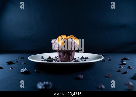 Schokolade, Rosinen-Chips und Schokolade Rosinen-Muffin auf einem weißen Teller. Schwarzer Hintergrund. Copyspace Stockfoto