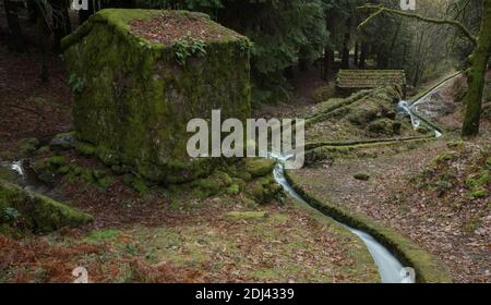 Verlassene Moos bedeckte Wassermühlen und ein kleiner Wasserkanal in Moinhos de Rei, Cabeceiras de Basto, Portugal Stockfoto