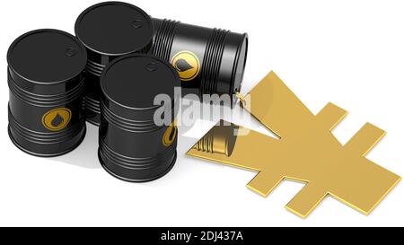 Schwarze Rohölfässer mit goldenem japanischem Yen-Zeichen, 3D-Rendering Stockfoto