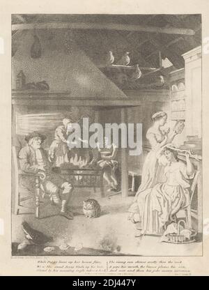 Glaud and Peggy, Print Made by David Allan, 1744–1796, British, Born in Scotland, after David Allan, 1744–1796, British, Born in Scotland, Published by Watt & Baillie, Active 1808, British, 1808, Radierung und Aquatinta auf mäßig dickem, leicht strukturiertem, cremefarbenem Wove-Papier, Sheet: 11 1/8 x 8 15/16 Zoll (28.3 x 22.7 cm), Platte: 10 1/4 x 7 15/16 Zoll (26.1 x 20.1 cm) und Bild: 8 7/8 x 7 1/16 Zoll (22.6 x 17.9 cm), Schürzen, Fass, Korb, Bank, Vögel, Hauben, Schüssel, Hosen, Stock, Katze (Felidae), Kessel, Stühle, Hühner, Küken, Tuch, Mäntel, Kochen, Theke, Schränke Stockfoto