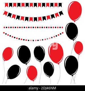 Set von flachen schwarzen und roten isolierten Silhouetten von Ballons auf Seilen und Girlanden von Fahnen. Stock Vektor