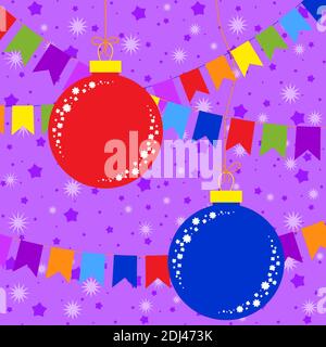Flaches farbiges Set von isolierten Weihnachtsspielzeugen in Form von blauen und roten Kugeln. Vor dem Hintergrund von lila Sternen und Girlanden von Fahnen. Einfaches Design Stock Vektor