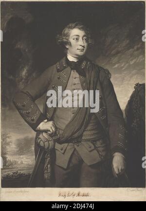 Henry, 10. Earl of Pembroke und 7. Earl of Montgomery, Druck von John Dixon, ca. 1740–1811, irisch, nach Sir Joshua Reynolds RA, 1723–1792, britisch, 1769, Mezzotint auf mäßig dickem, leicht strukturiertem beigefarbenem Papier, Blatt: 18 3/8 × 13 1/4 cm (× 46.6 33.7 Zoll) und Bild: 16 3/4 x 13 1/16 Zoll (42.6 x 33.2 cm), Streitkräfte, Gürtel, Knöpfe, Kapitäne (Militäroffiziere), Wolken, Mantel, Cravat, Locken, earl, Blick, Pferde (Tiere), Schlüssel, Mann, Edelmann, Porträt, Posing, Schärpe, Schal, feierlich, Schwert, Quasten, nachdenklich Stockfoto