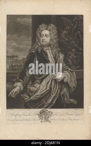 Sir Godfrey Kneller, John Faber der Jüngere, ca. 1695–1756, niederländisch, in Großbritannien tätig, nach Sir Godfrey Kneller, 1646–1723, deutsch, in Großbritannien tätig (ab 1676), 1735, Mezzotint auf mäßig dickem, mäßig strukturiertem, cremefarbenem Papier, Blatt: 18 1/16 x 12 cm (30.5 x 45.9 Zoll), Platte: 13 15/16 x 10 cm (25.4 x 35.4 Zoll) und Bild: 11 15/16 x 9 15/16 Zoll (30.3 x 25.2 cm), Allegorie, Künstler, Mantel, Krabbe, Rock, Geste, Lackkragen, Medaille, Malerei (visuelle Arbeit), Anhänger, zeigen, Porträt, Schwert, Perücke, Fenster, Flügel Stockfoto