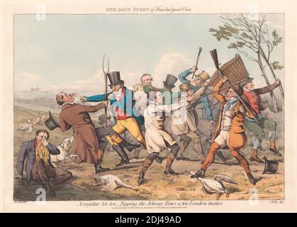 Sechsersatz mit bedruckter Verpackung und Titelseite: Shooting, or One Day's Sport of Three Real Good One's, Henry Thomas Alken, 1785–1851, British, 1823, handkolorierte Radierung auf weichem Grund, Blatt: 9 3/4 x 13 3/4in. (24.8 x 34,9 cm Stockfoto