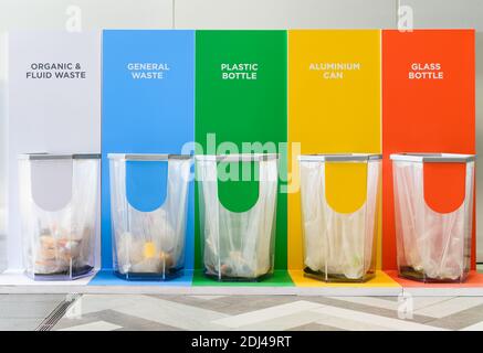 Verschiedene farbige Behälter zur Sammlung von Recycling Materialien Stockfoto