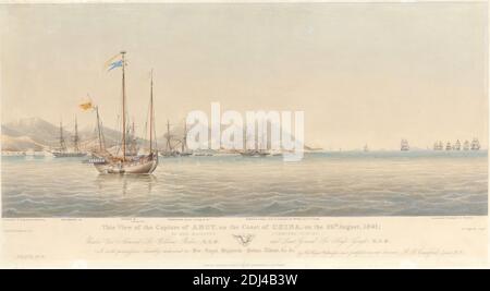 Diese Ansicht der Eroberung von Amoy an der Küste von China, am 26. August 1841, durch die Vereinten Kräfte Ihrer Majestät, unter Vizeadmiral Sir William Parker K.C.B. und Lieut. General Sir Hugh Gough... Platte 3, Henry Papprill, 1816–d.nach 1883, Amerikaner, nach Capt. R. B. Crawford, aktiv 1841–1844, 1842, Aquatint, Blatt: 9 1/2 x 21 3/4 Zoll (24.1 x 55,2 cm Stockfoto