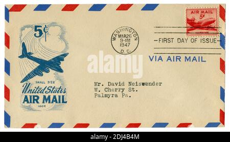 Washington D.C., USA - 26. März 1947: Historischer Briefumschlag: Brief mit Flugpost, Douglas DC-4 Skymaster Briefmarke, fünf Cent Stockfoto