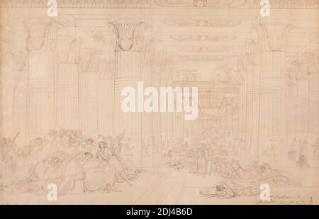 Tod des Erstgeborenen aus Ägypten, John Martin, 1789–1854, Brite, 1836, Feder und rot-graue Tinte über Graphit auf mäßig dickem, leicht strukturiertem beigefarbenem Papier, Halterung: 19 15/16 x 27 15/16 Zoll (50.6 x 70.9 cm) und Blatt: 17 13/16 x 27 1/2 Zoll (45.2 x 69.9 cm), architektonisches Thema, Babys, Kinder, Kolonnade, Säulen, Menge, Krone, Tod, Väter, Figuren, Hieroglyphen, König (Person), knien, Männer, Mütter, Alte Testament, pharao, Pharao Trauer seinen toten Sohn  die zehnte Pest, Plage, Bitten, religiöse und mythologische Thema, Traurigkeit, Stäbe, Tempel, Weinen, Frauen Stockfoto