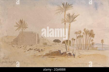 Tapha, 7:50 a.m., 17. Februar 1867, Edward Lear, 1812–1888, britisch, 1867, Aquarell mit Kugelschreiber in brauner Tinte auf dickem, rauem, cremefarbenem Papier, Blatt: 8 1/2 x 13 3/4 Zoll (21.6 x 34.9 cm), Wüste, Figur (Illustration), Landschaft, Palmen, Fluss, Robe, Ruinen, Sand, Himmel, Tempel, Afrika, Ägypten, Nil, Nubia Stockfoto