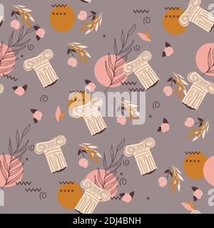 Nahtloses Muster mit antiken Säulen- und Pflanzenelementen. Abstrakte wiederholbare dekorative Textur mit Elementen der griechischen Kunst, flache Vektor-Illustration. Stock Vektor