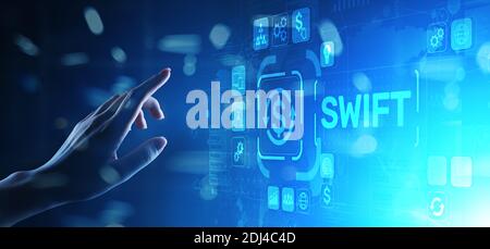 SWIFT international payment system Financial Technology Banking und Überweisung Konzept auf virtuellen Bildschirm Stockfoto