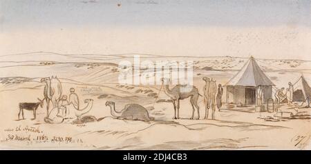 Nahe El Areesh, 15:30 Uhr, 30. März 1867 (27), Edward Lear, 1812–1888, British, 1867, Aquarell, Feder und braune Tinte und Graphit auf dickem, rauem, cremefarbenem Papier, Blatt: 4 3/4 × 9 7/8 Zoll (12.1 × 25.1 cm), Kamele (Säugetiere), Wüste, Esel, Figuren (Darstellungen), Landschaft, Sand, Himmel, Zelte, Afrika, Ägypten, Sinai-Halbinsel, ‘Arîsh, Wâdi el Stockfoto