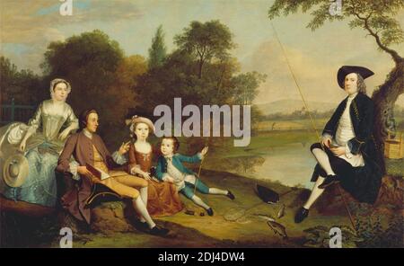 Portrait of a Family, traditionally known as the Swaine Family of Fencroft, Cambridgeshire, Arthur Devis, 1712–1787, British, 1749, Öl auf Leinwand, Support (PTG): 25 1/4 x 40 3/4 Zoll (64.1 x 103.5 cm), Buch, Junge, Kinder, Gespräch Stück, Hund (Tier), Familie, Zaun, Fichu, Fisch, Angeln, Mädchen, Hut, mantua, Männer, Petticoat, Porträt, Lesen, Wasser, Frauen Stockfoto