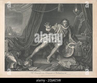 David Garrick in The Character of Richard III, Druck von Thomas Cook, 1744–1818, britisch, nach William Hogarth, 1697–1764, britisch, 1798, Strichgravur, Blatt: 18 3/8 x 22 (46.7 x 57,8 cm), literarisches Thema, Porträt Stockfoto