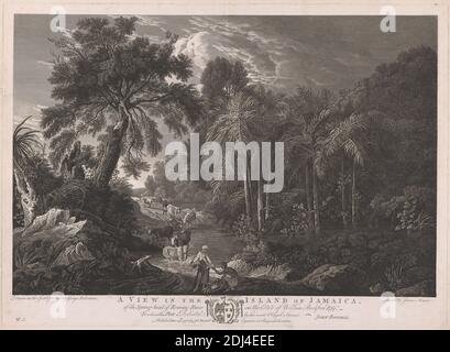 A View in the Island of Jamaica, of the Spring-Head of Roaring River on the Estate of William Beckford Esq.r, Print made by James Mason, 1710–1783, British, after drawings by George Robertson, 1749–1788, British, Published by John Boydell, 1720–1804, British, 1778, Strichgravur auf mittlerem, mäßig strukturiertem, cremefarbenem Wove-Papier, Blatt: 18 1/2 × 22 1/4 Zoll (47 × 56.5 cm), Platte: 15 3/4 × 21 7/8 Zoll (40 × 55.5 cm) und Bild: 13 3/4 × 20 7/8 Zoll (35 × 53 cm) Stockfoto