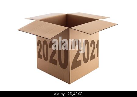 Happy New Year 2021 Konzept, Schriftzug auf der Open Cardboard Box isoliert auf weißem Hintergrund Stockfoto