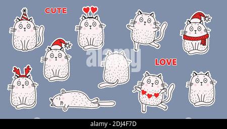 Eine Reihe von Aufklebern weißen Katzen in festlichen Kleidern, in einem Weihnachtsmann Hut, einen Hut mit Hörnern, einen Geburtstagshut, mit einer Girlande von Herzen, verschiedene - sitzen und liegen, Stock Vektor