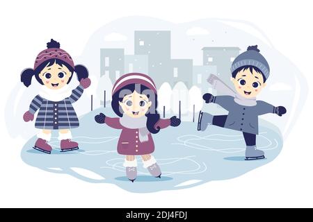 Kinder Winter. Ein Junge und zwei Mädchen laufen auf einer Eisbahn in der Stadt auf blauem Hintergrund mit Stadtbild, Häusern und Bäumen. Wintersport und Stock Vektor
