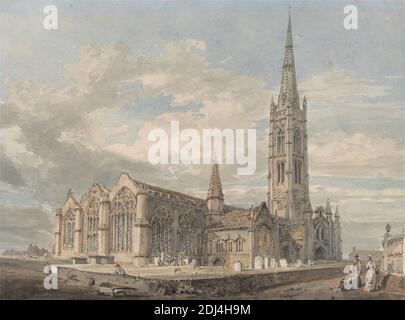 North East View of Grantham Church, Lincolnshire, Joseph Mallord William Turner, 1775–1851, British, ca. 1797, Aquarell und Graphit auf Medium, leicht strukturiert, cremefarbenes Wove-Papier, montiert auf Medium, leicht strukturiert, cremefarbenes Wove-Papier, Blatt: 1/8 x 17.8 cm (5 13 x 7 Zoll) und Halterung: 7 1/2 x 9 3/8 Zoll (19.1 x 23.8 cm), architektonisches Motiv, Gebäude, Friedhof, Kirche, Wolken, Nordosten, Kirchtürme, Grabsteine, Ansicht, Schubkarren, England, Europa, Grantham, Lincolnshire, Großbritannien Stockfoto