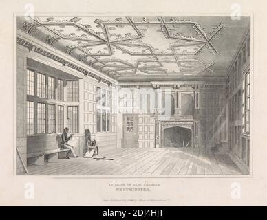 Interior of the Star Chamber, Westminster, Druck von John Woods, aktiv 1836–1860, nach Robert William Billings, 1813–1874, britisch, 1848, Strichgravur auf glattem, mitteldickem, weißem Wove-Papier, Blatt: 6 × 8 7/8 Zoll (15.2 × 22.5 cm), architektonisches Motiv, Decke, Innenansicht, City of Westminster, England, London, Palace of Westminster, Großbritannien Stockfoto