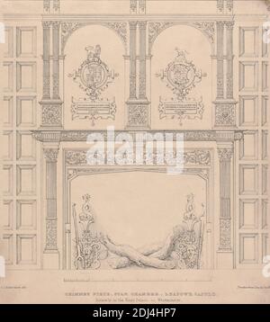 Schornsteinstück, Star Chamber, Leasowe Castle, ehemals im King's Palace, Westminster, Print Made by Day & Co., 1824–1913, britisch, nach Charles James Richardson, 1806–1871, britisch, ca. 1845, Lithographie auf leicht strukturiertem, mittlerem Stärke, weißem Wove-Papier, Blatt: 8 1/16 × 10 1/4 Zoll (20.5 × 26.1 cm), architektonisches Motiv, City of Westminster, England, England, London, Palace of Westminster, Vereinigtes Königreich Stockfoto