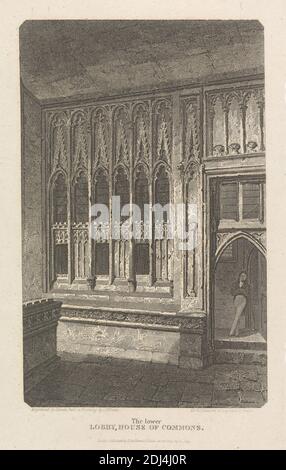 The Lower Lobby, House of Commons, Print Made by James Sands, Active 1813–1846, Print Made by Robert Sands, 1792–1855, British, after John Preston Neale, 1771/80–1847, British, 1815, Strichgravur auf glattem, mitteldickem, weißem Wove-Papier, Blatt: 8 1/8 × 5 1/2 Zoll (20.6 × 14 cm), architektonisches Motiv, Kirche, Innenansicht, City of Westminster, England, House of Commons, London, Palace of Westminster, St. Stephen's Chapel, Palace of Westminster, Vereinigtes Königreich Stockfoto