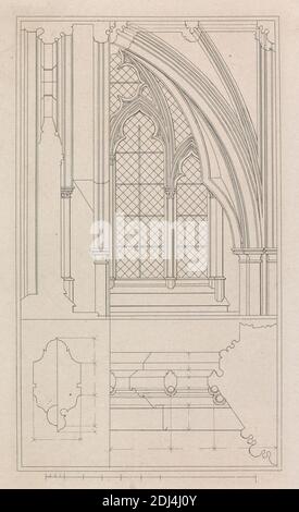 Tafel XXVIII: Fenster der Krypta der St. Stephen's Chapel, Westminster, Druck von T. Clarke, 1799–1839, nach Robert William Billings, 1813–1874, britisch, 1835, Strichgravur, Proof vor Buchstaben auf glatter, mittlerer Dicke, weiß gewobene Papierstabskala von 1/3 Zoll bis 1 Fuß, Blatt: 8 3/4 × 5 1/2 Zoll (22.2 × 14 cm), architektonisches Motiv, Kirche, Fenster, City of Westminster, England, House of Commons, London, Palace of Westminster, St. Stephen's Chapel, Palace of Westminster, Vereinigtes Königreich Stockfoto