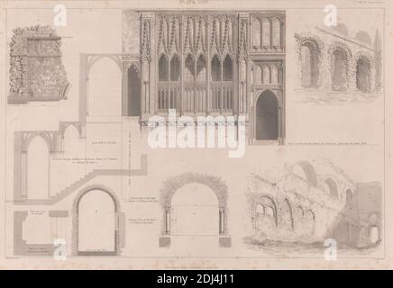 Band 6, Platte XXVI: Chapel of St Stephen, Chapel of St Mary in the Vaults, Druck gemacht von James Basire, 1769–1822, britisch, nach Frederick Mackenzie, 1788–1854, britisch, 1842, Gravieren auf glattem, mäßig dickem, weiß gewobtem Papierstab von 1/4 Zoll bis 1 Fuß, Blatt: 13 × 19 Zoll (33 × 48.3 cm), architektonisches Motiv, Kirche, Außenansicht, Ruinen, City of Westminster, England, House of Commons, London, Palace of Westminster, St. Stephen's Chapel, Palace of Westminster, Vereinigtes Königreich Stockfoto