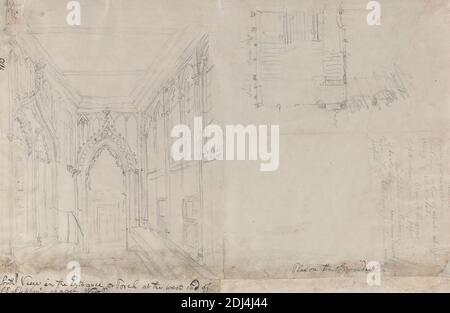 Südansicht im Eingang der Veranda am West End der St. Stephen's Chapel West, John Carter, 1748–1817, britisch, zwischen 1790 und 1802, Graphit und Stift und schwarze Tinte auf leicht strukturierter, mittlerer Dicke, weißes Papier mit zwei Falzmarken, Blatt: 8 11/16 × 13 Zoll (22 × 33 cm), architektonisches Subjekt, Kirche, Innenansicht, Plan (formales Konzept), Übersicht, City of Westminster, England, House of Commons, London, Palace of Westminster, St. Stephen's Chapel, Palace of Westminster, Vereinigtes Königreich Stockfoto