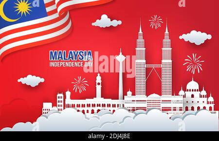 Vektor-Illustration von malaysia Independence Day Feier mit Stadt Skyline, malaysia Flagge und Feuerwerk in Papier geschnitten und digitale Handwerk Stil Stock Vektor