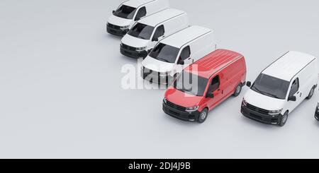 Ein roter Van, der aus einer weißen Flotte heraussticht Vans 3d-Darstellung Stockfoto