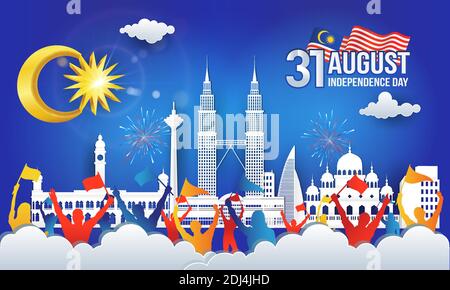 31. August. Vektor-Illustration von malaysia Independence Day Feier mit Stadt Skyline, malaysia Flagge und Menschenmenge von Menschen in Papier geschnitten und digital Stock Vektor
