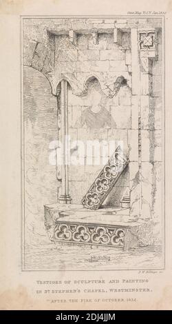 Relikte der Skulptur und Malerei in St. Stephen's Chapel, Westminster, Druck von Robert William Billings, 1813–1874, Britisch, 1836, Strichgravur auf glattem, mittelstarkem, weißem Webpapier, Blatt: 7 3/4 × 4 3/8 Zoll (19.7 × 11.1 cm) und Bild: 6 1/4 × 3 1/2 Zoll (15.9 × 8.9 cm), architektonisches Motiv, Kirche, Innenansicht, Ruinen, City of Westminster, England, House of Commons, London, Palace of Westminster, St. Stephen's Chapel, Palace of Westminster, Vereinigtes Königreich Stockfoto