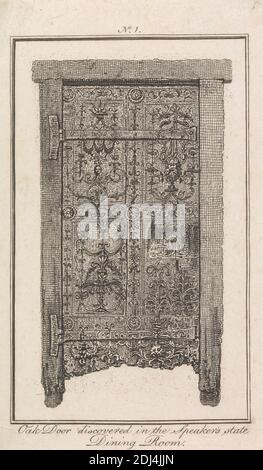 Oak Door Discovered in the Speaker's State Dining Room, Print made by John Thomas Smith, 1766–1833, British, after John Thomas Smith, 1766–1833, British, 1806, Radierung und Strichgravur auf leicht strukturiertem, mäßig dickem, weißem Wove-Papier, Blatt: 5 3/4 × 3 3/8 inches (14.6 × 8.6 cm) und Bild: 4 3/4 × 3 Zoll (12.1 × 7.6 cm), Architekturmotiv, Tür, City of Westminster, England, London, Palace of Westminster, Großbritannien Stockfoto